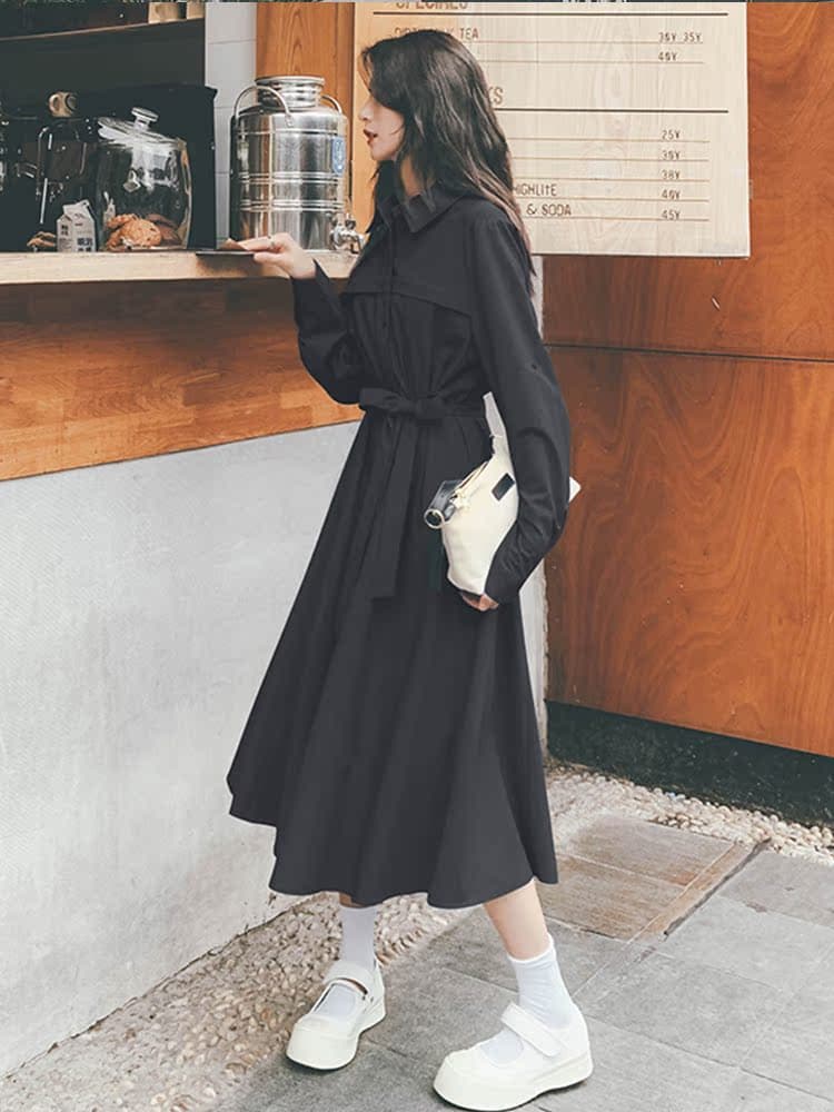 ロングワンピース シャツ ベルト付き長袖シャツ型ロングワンピース
