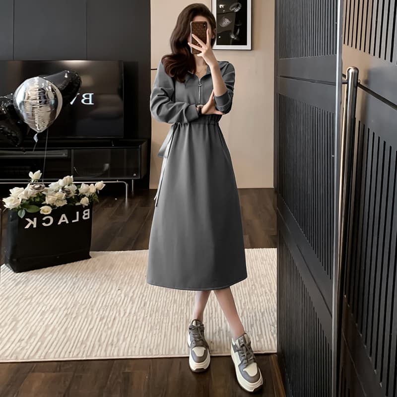 ロングワンピース スウェット ハーフジップ ミディ丈 ワンピース