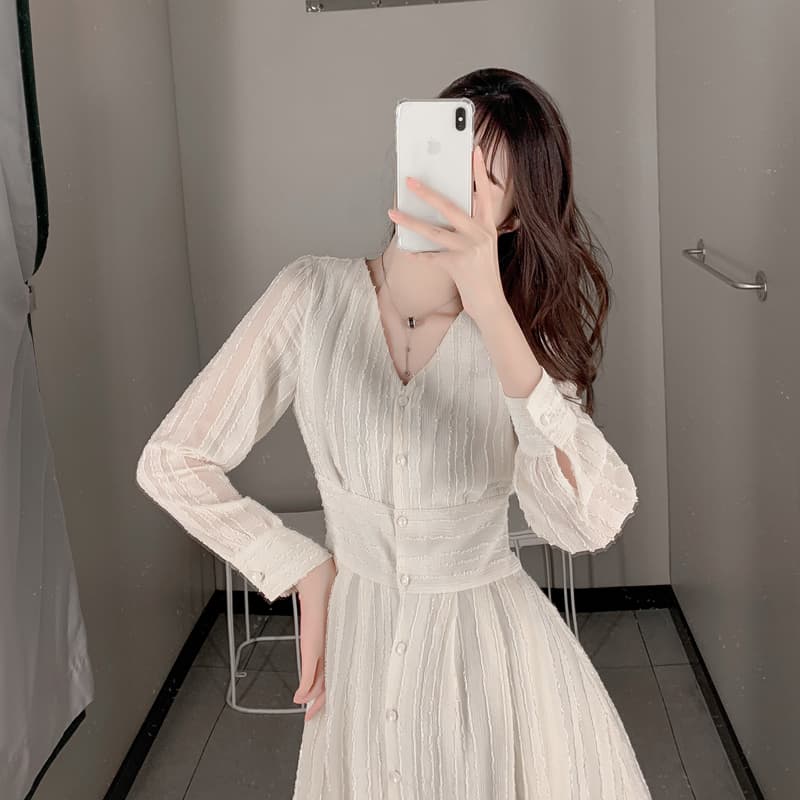 ロングワンピース シャツ ウエストマーク付きパフスリーブシャツワンピース