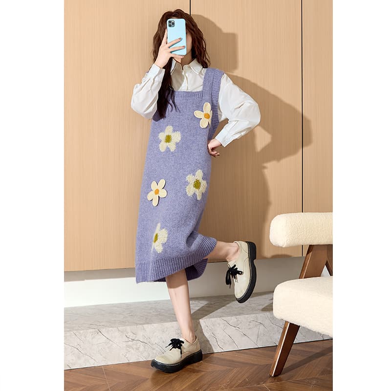 ロングワンピース ニット 花柄ニットジャンパースカート