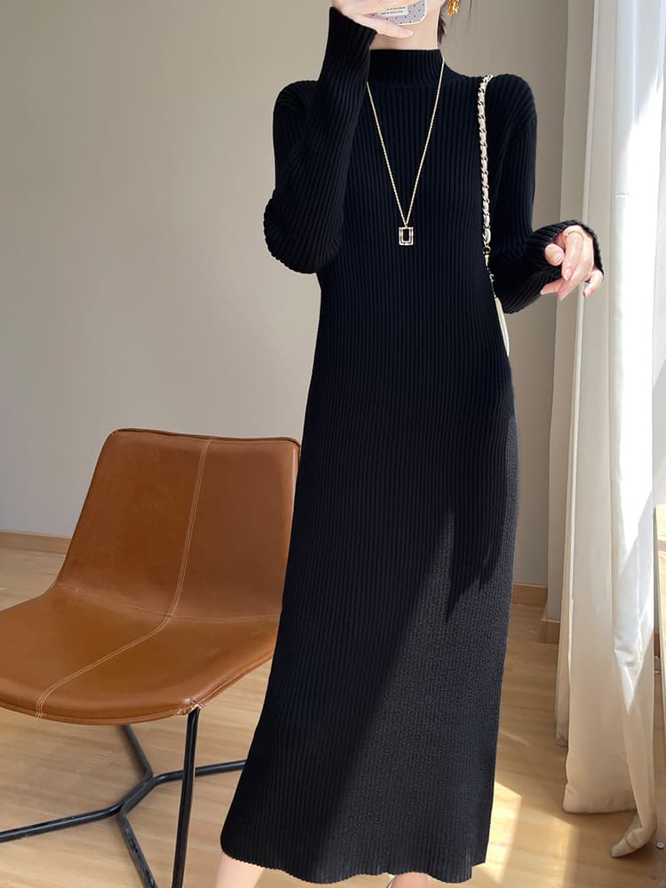 ロングワンピース ニット 立体感のある薄手リブニットロングワンピース