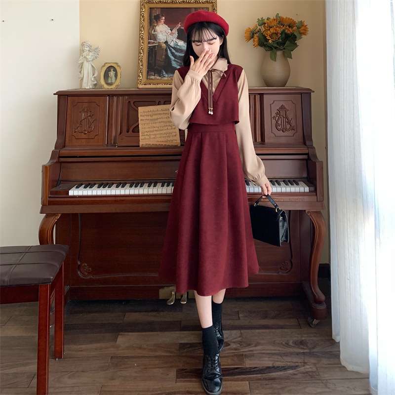 ロングワンピース 花束リボンカラー切替えセーラーワンピース