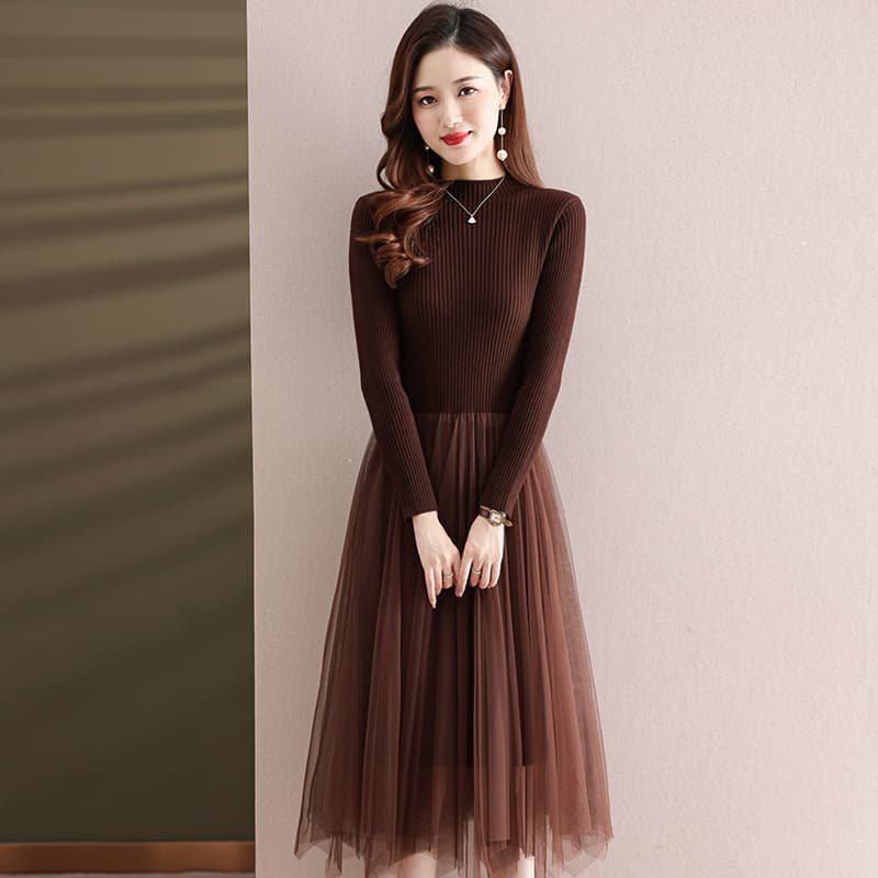 ロングワンピース チュールメッシュ ニットドレス