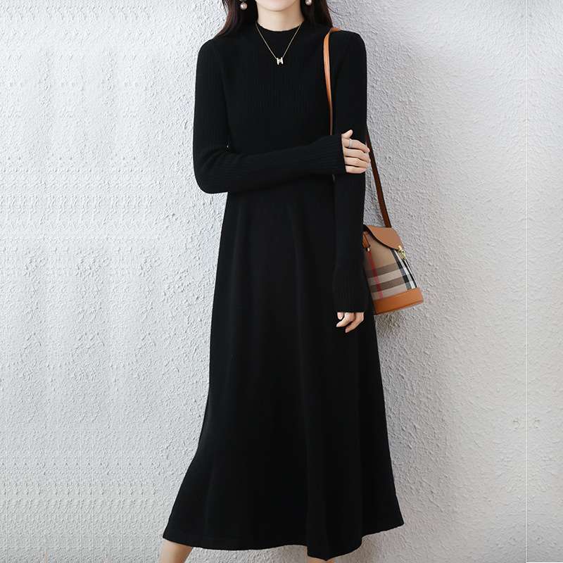 ロングワンピース リブ編みハイネック切替ロングワンピース
