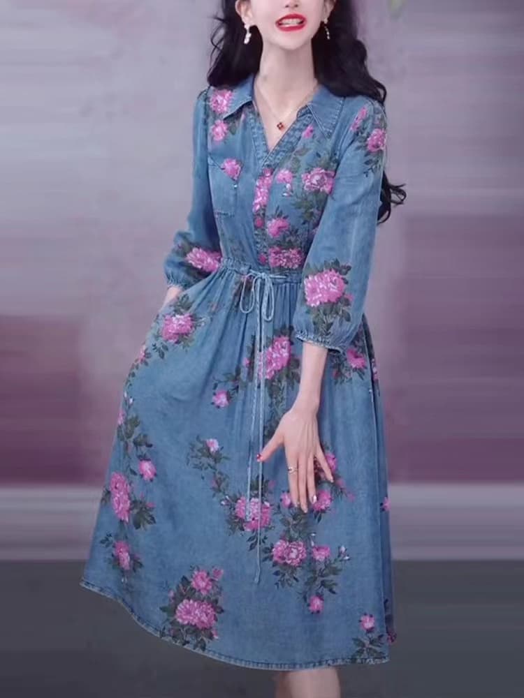 ロングワンピース 花柄デニムギャザーワンピース
