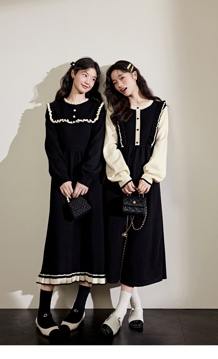 ロングワンピース フリル襟レトロニットワンピース