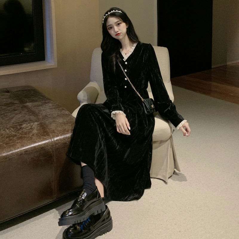 ロングワンピース 優美なベルベット素材のリボン付きワンピース