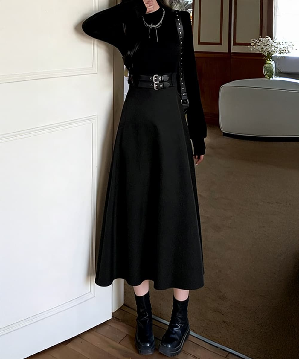 ニット切り替えベルト飾りロングワンピース