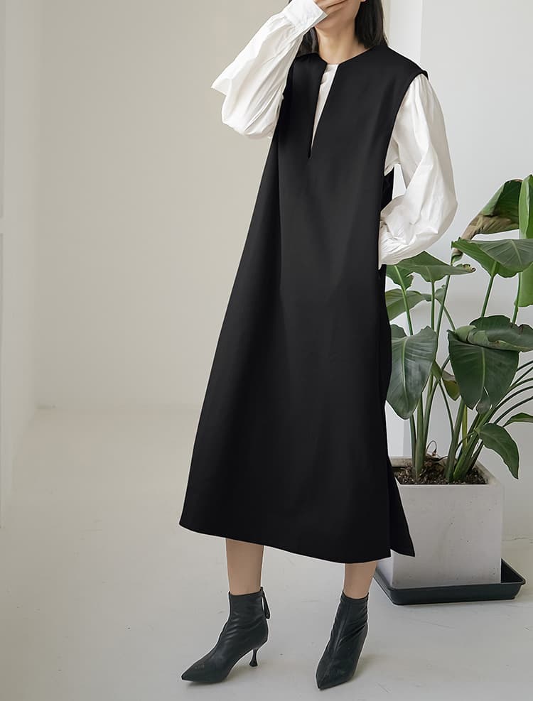 ロングワンピース レディース ノースリーブ ロング丈 重ね着風 ベスト風ワンピース