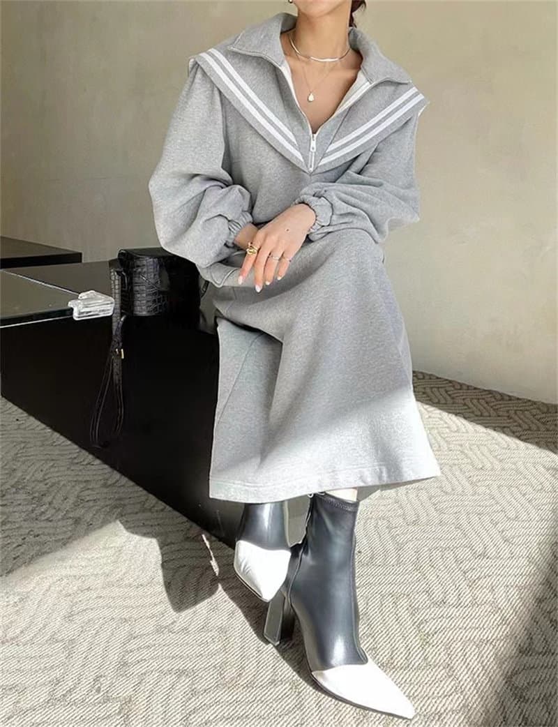 韓国風セーラー襟スウェットロングワンピース