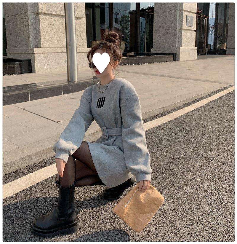 ロングワンピース ベルト付きミニマルスウェットワンピース