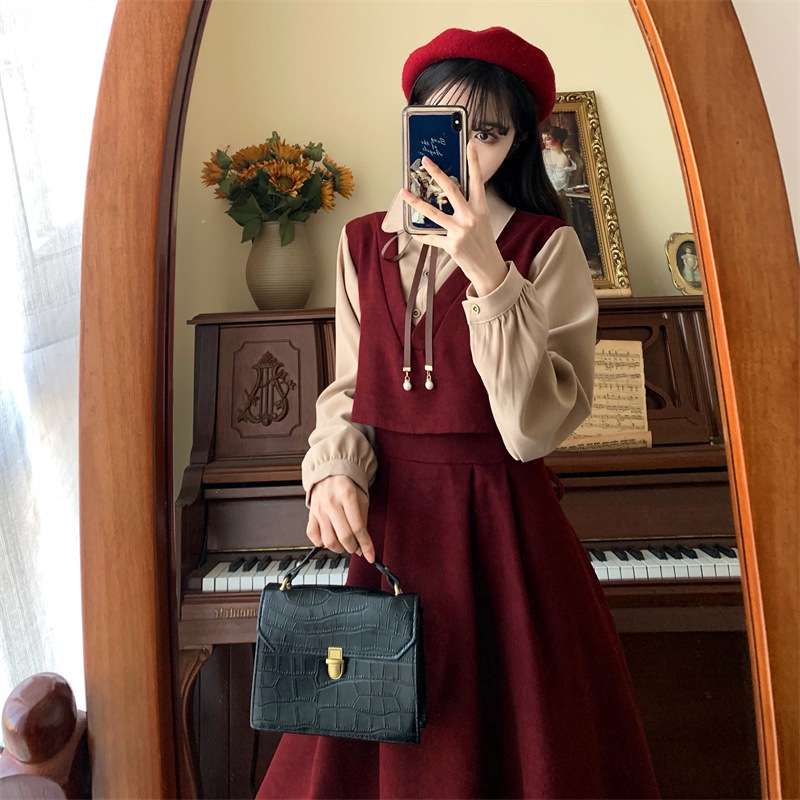 ロングワンピース 花束リボンカラー切替えセーラーワンピース