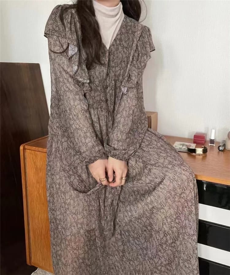 花柄マキシ丈ロングワンピース 上品な長袖ウエストマーク