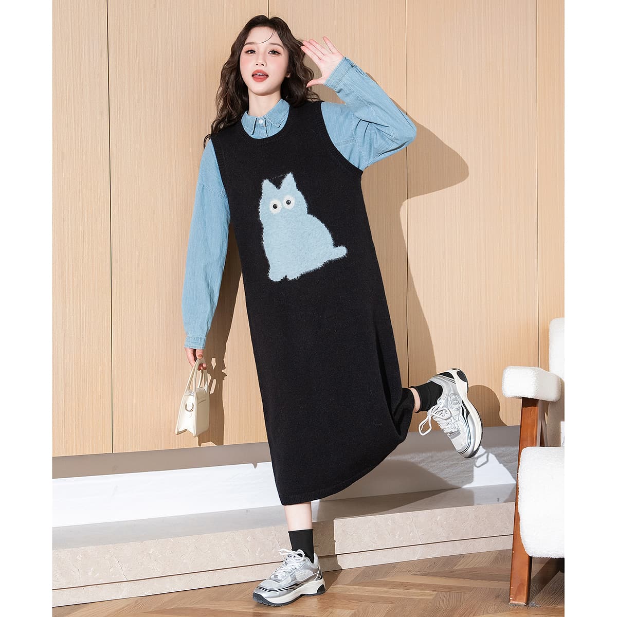 ロングワンピース きままねこニットワンピース