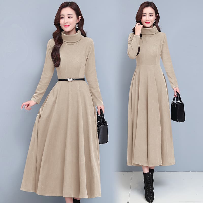 ロングワンピース タートルネック 上品シルエット ベルト付きタートルネックワンピース