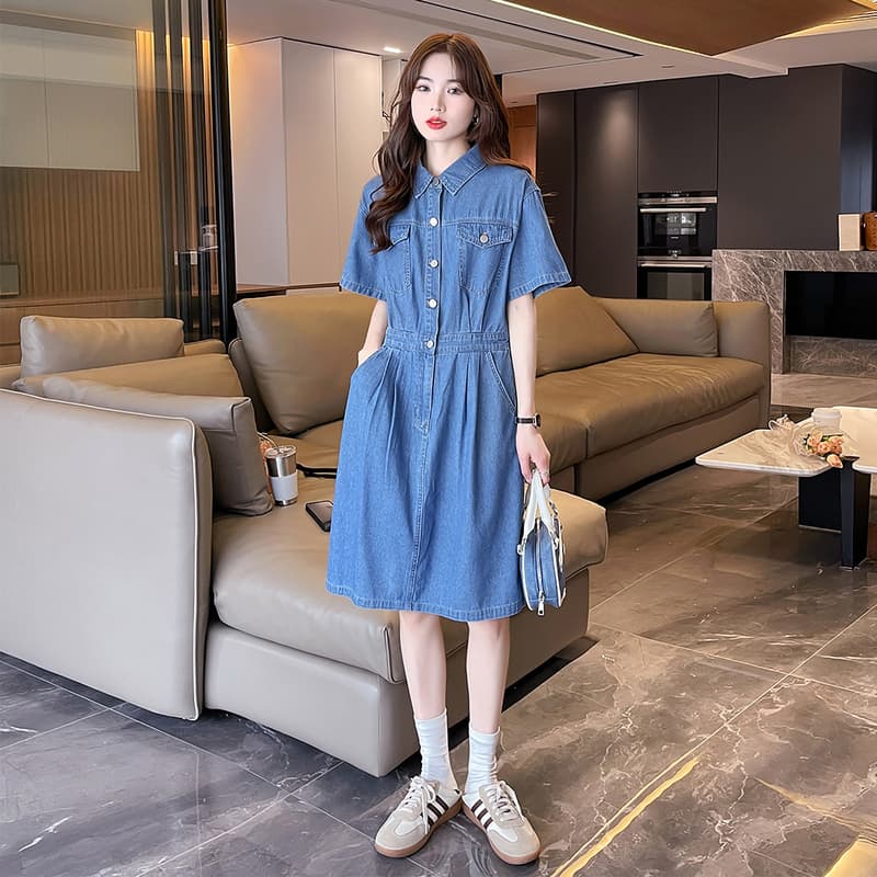 ロングワンピース デニム シンプル清楚なデニムシャツワンピース