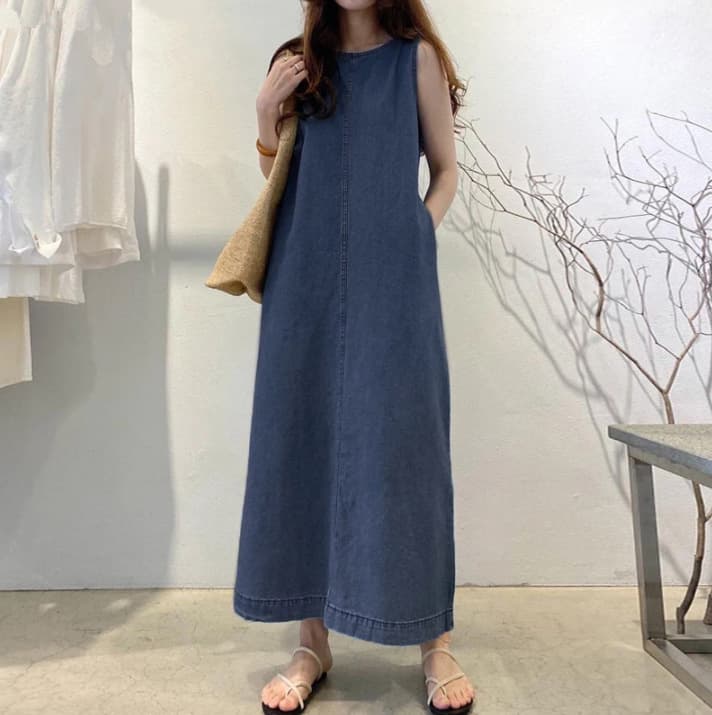 ロングワンピース なめらかデニムノースリーブワンピース