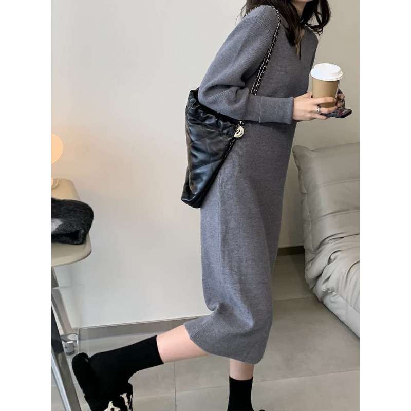 ロングワンピース ゆったりリラックス長袖ニット素材ワンピース