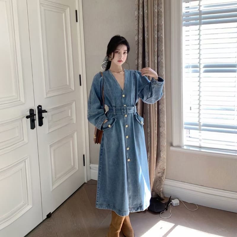 ロングワンピース フリル襟デニムロングワンピース