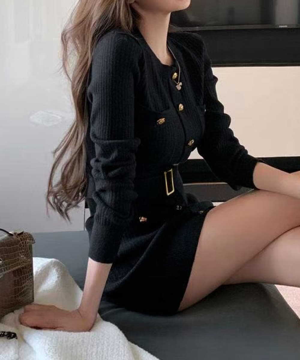 ロングワンピース 金ボタンニットワンピース上品長袖