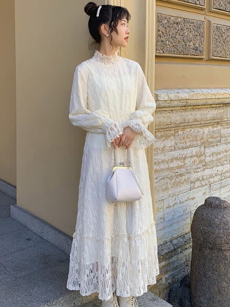 ロングワンピース レース編み花柄デザインワンピース