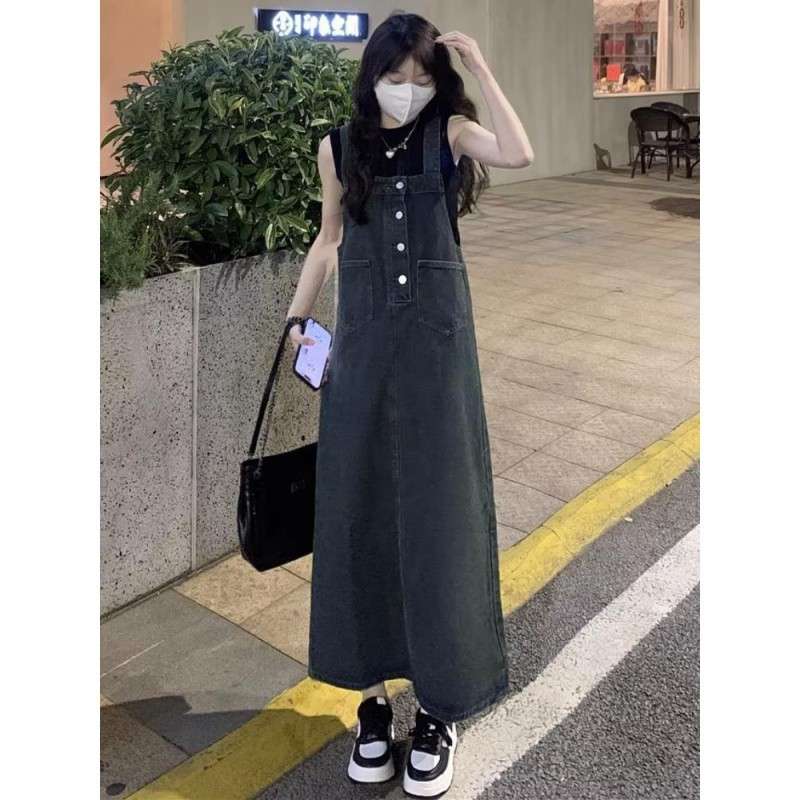 ロングワンピース ゆったりデニムサロペットワンピース