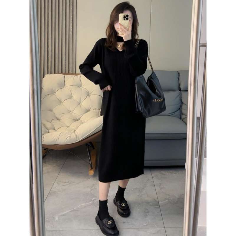 ロングワンピース シンプル美シルエットリブニットワンピース