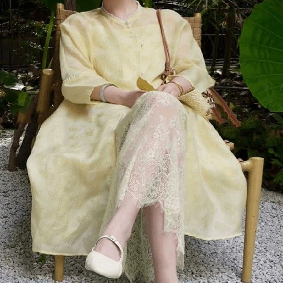 ロングワンピース 優美な花レースふんわり姫袖ワンピース