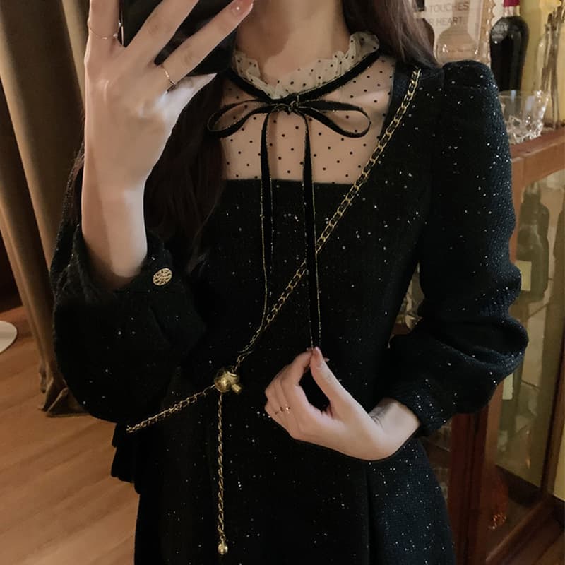 ロングワンピース レース ドットチュールレースリボン付きベロアロングワンピース