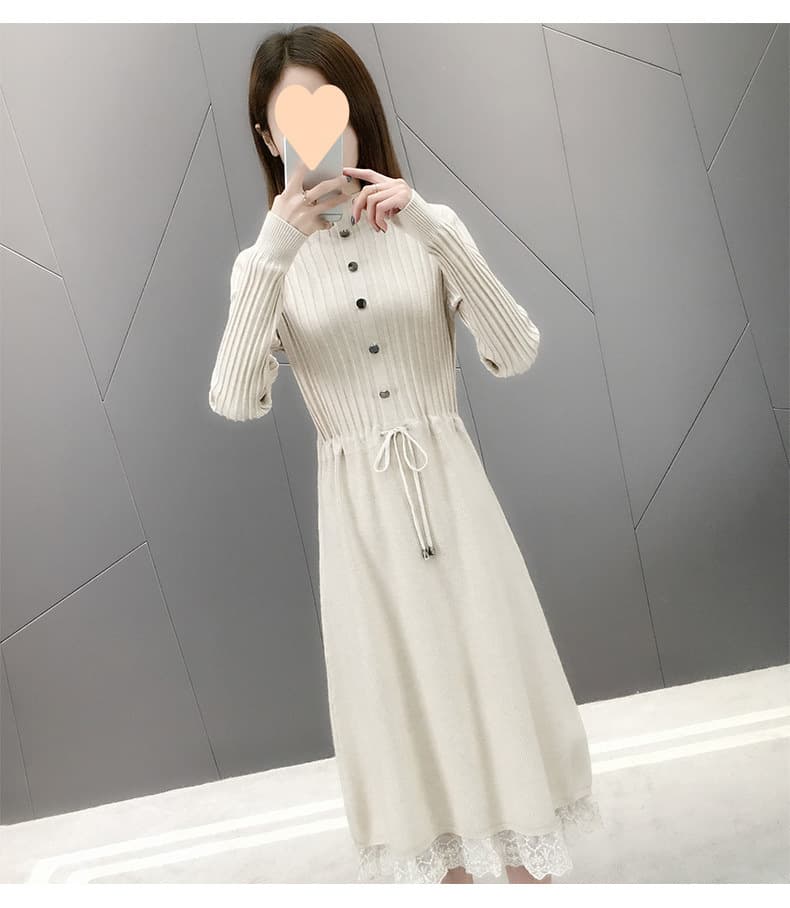 ロングワンピース レース付きリブニット ハイネックワンピース