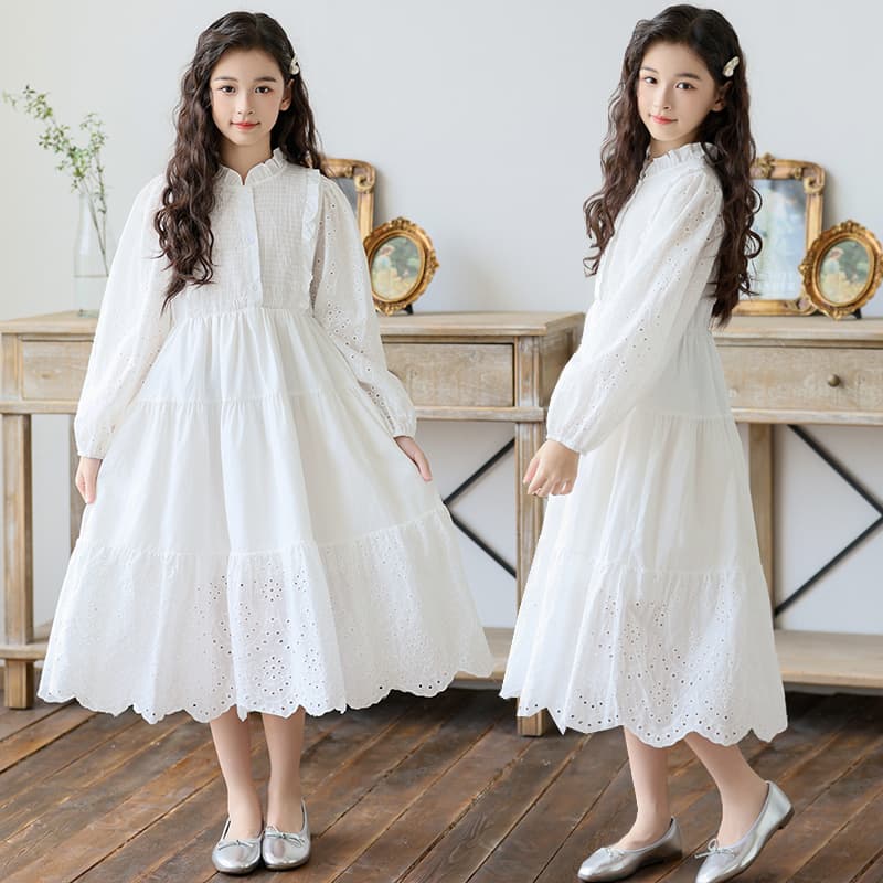 ロングワンピース ふんわり姫袖レース切替ティアードワンピース