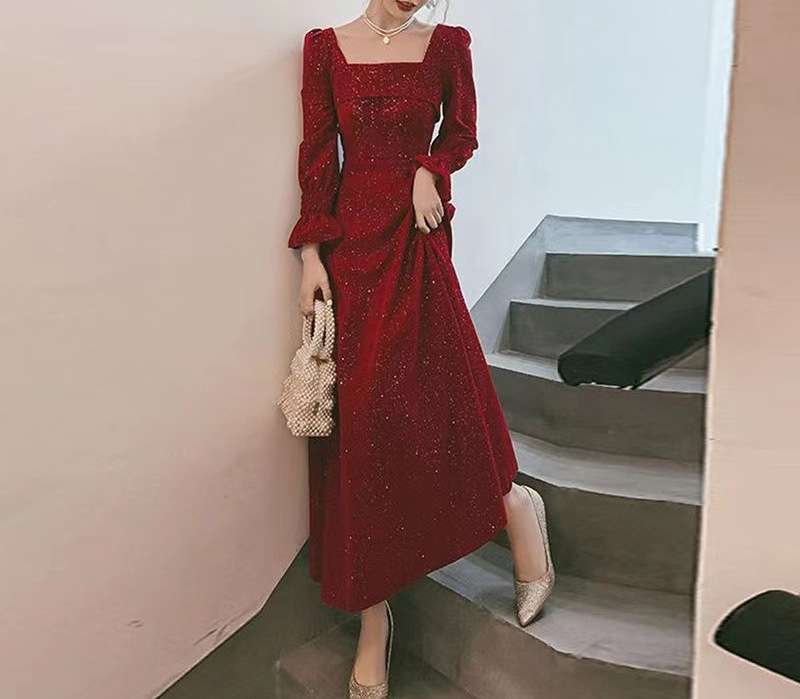 ロングワンピース キラメキ優美 パフスリーブドレス