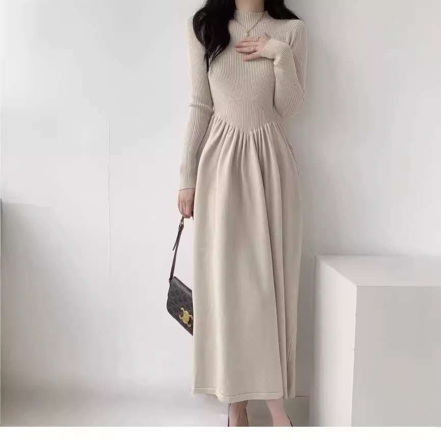 ロングワンピース シンプル上品リブニットロングワンピース