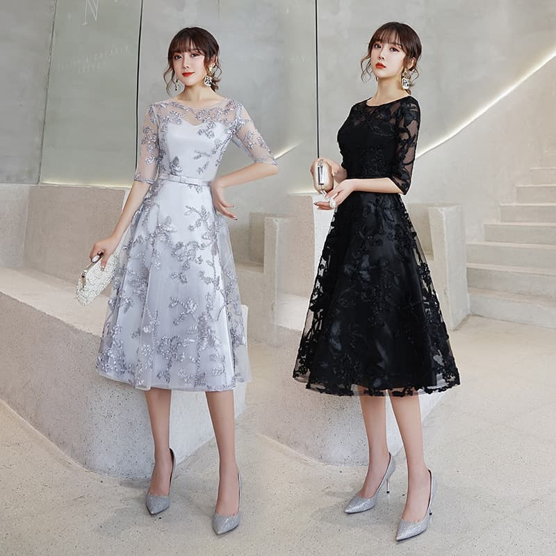 ロングワンピース 花柄刺繍フォーマルドレス 結婚式二次会演奏会ミモレ丈