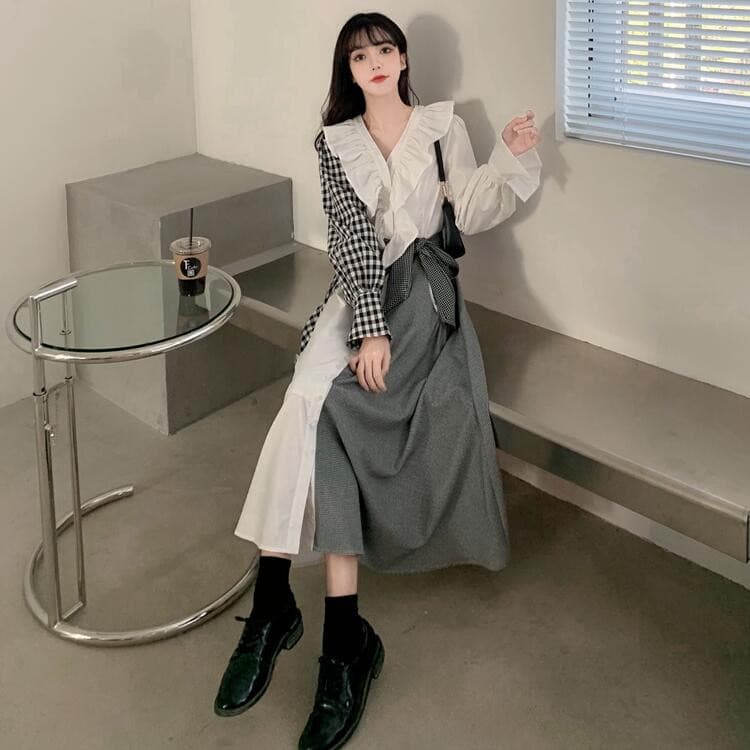 フリル襟ギンガムチェック切替ロングワンピース