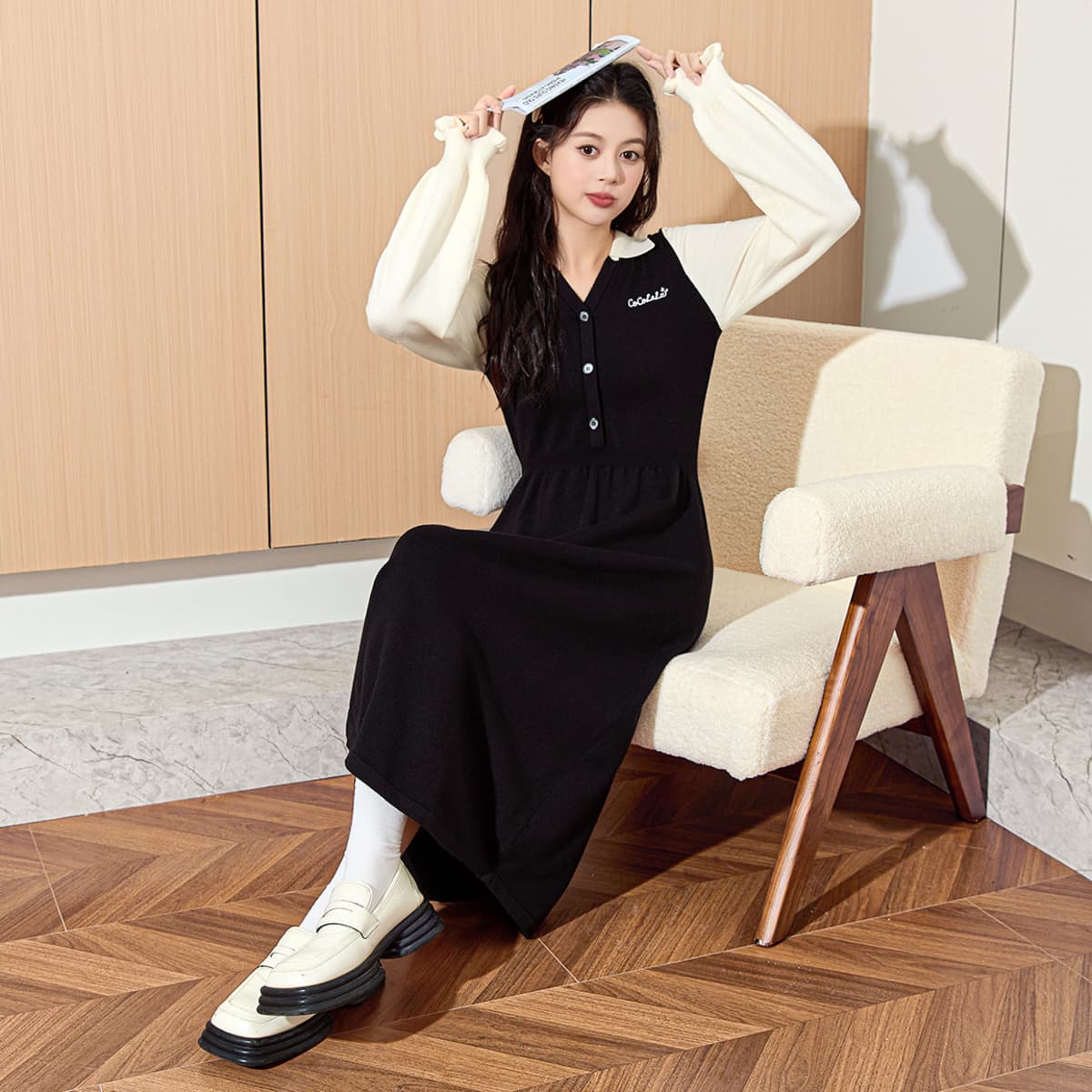 ロングワンピース ニット コントラスト袖 シンプルマキシワンピース