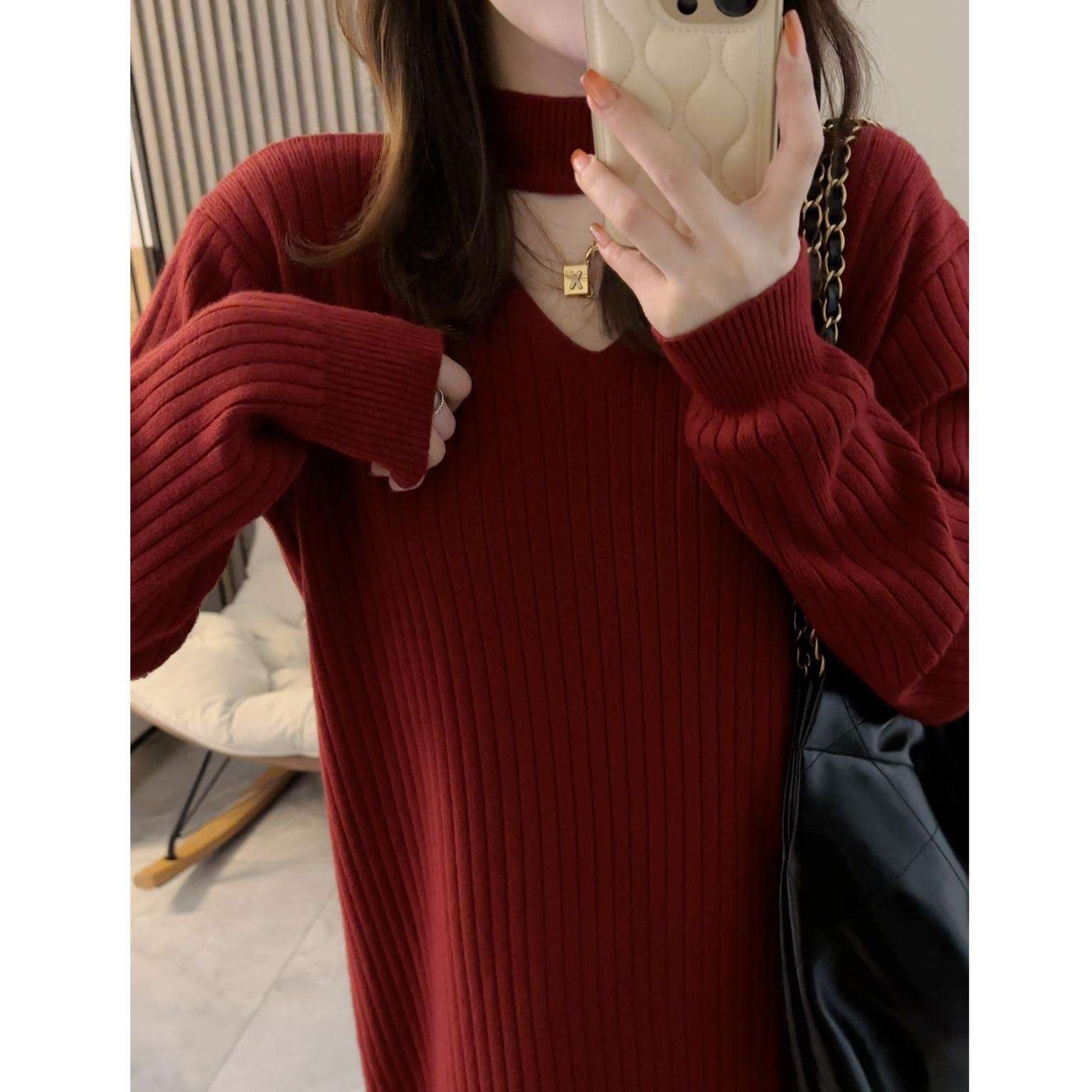 ロングワンピース シンプル美シルエットリブニットワンピース