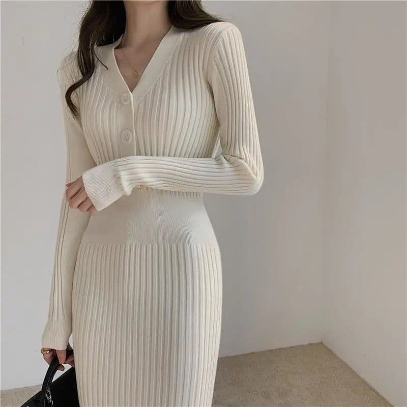 ロングワンピース リブ編み縦ライン上品ワンピース