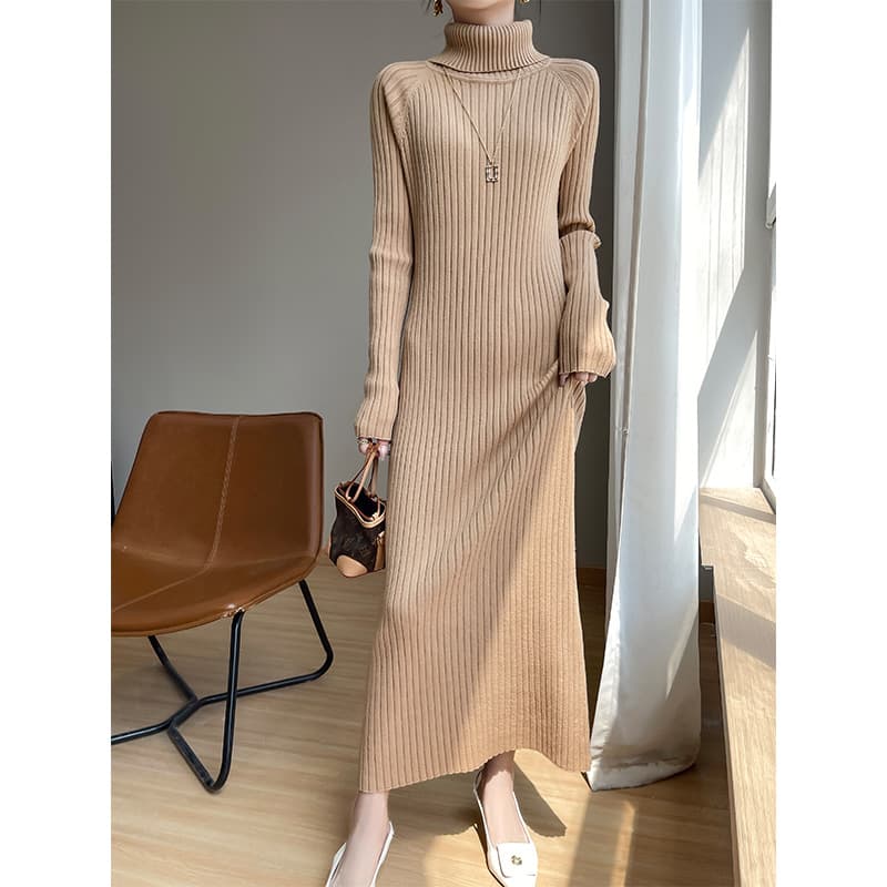 ロングワンピース ニット リブ編みタートルネックロングワンピース