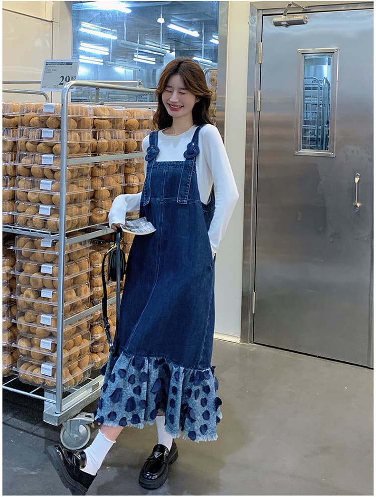 ロングワンピース ハートフリルデニムサロペットワンピース