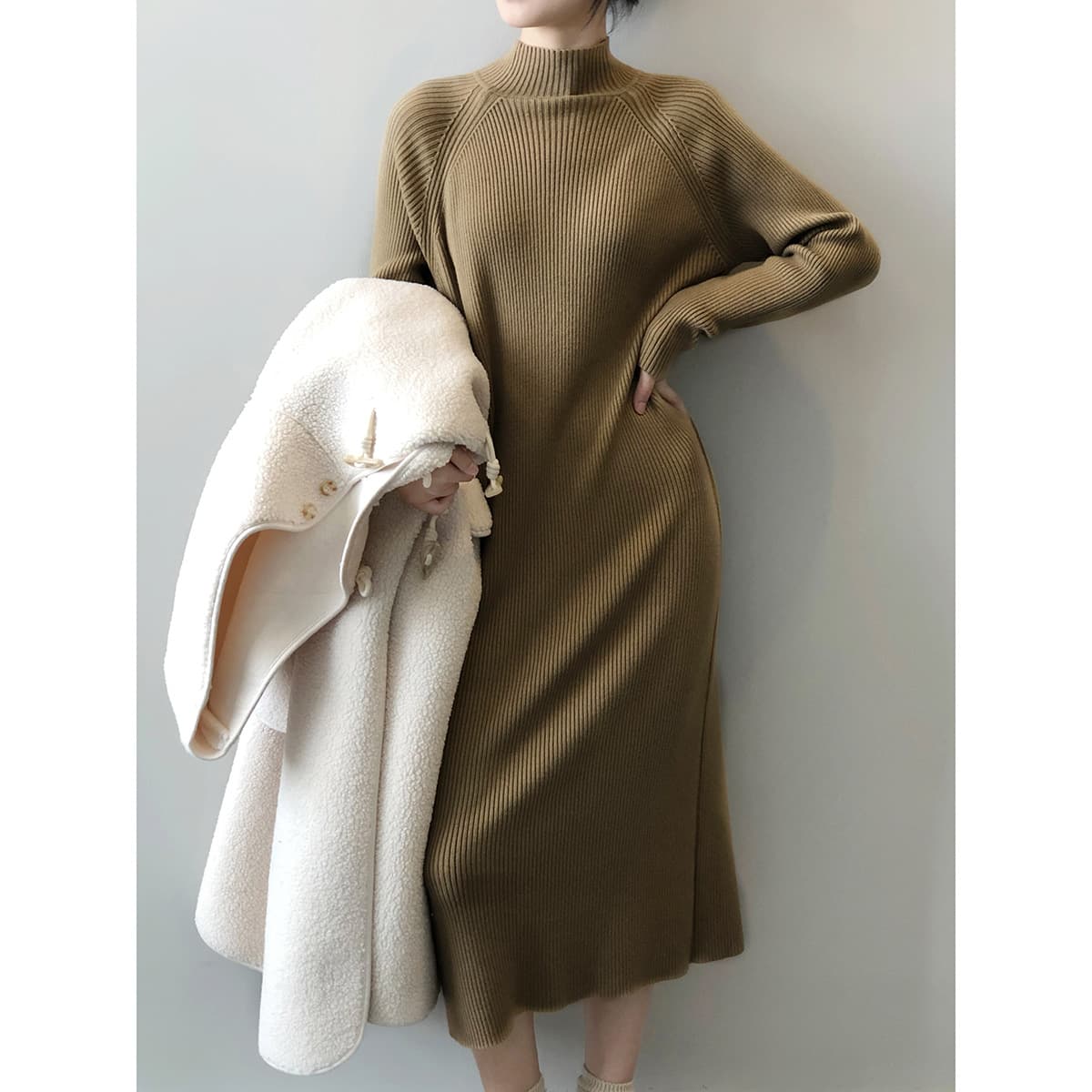 ロングワンピース リブニットワンピース レディース タートルネック ロング丈 秋冬