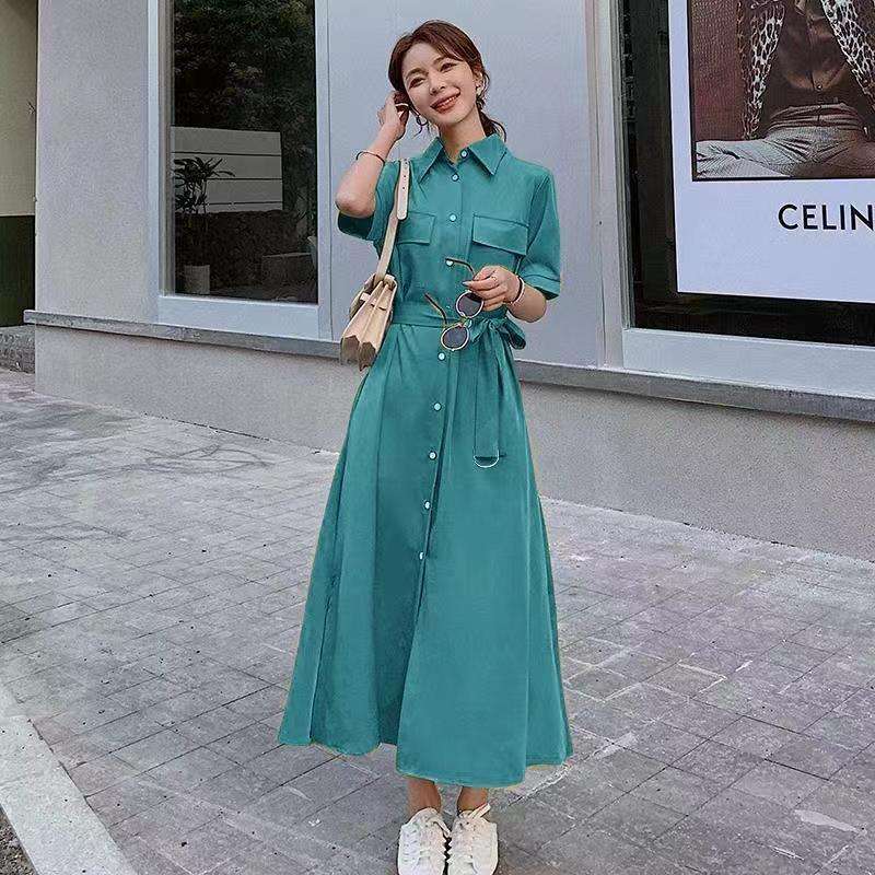 ロングワンピース フェミニンギャザーベルト付きロングワンピース