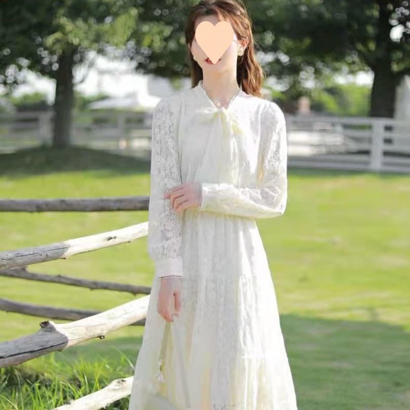 ロングワンピース 心落ち着く優美なリボンレースワンピース