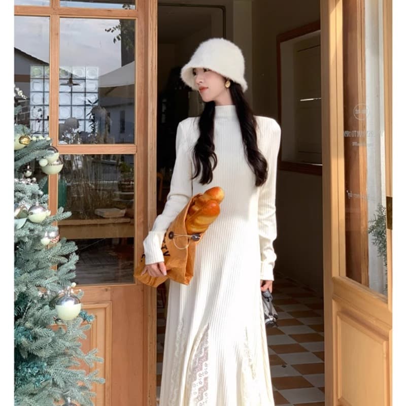 ロングワンピース ニット レース切替リブニットマキシワンピース