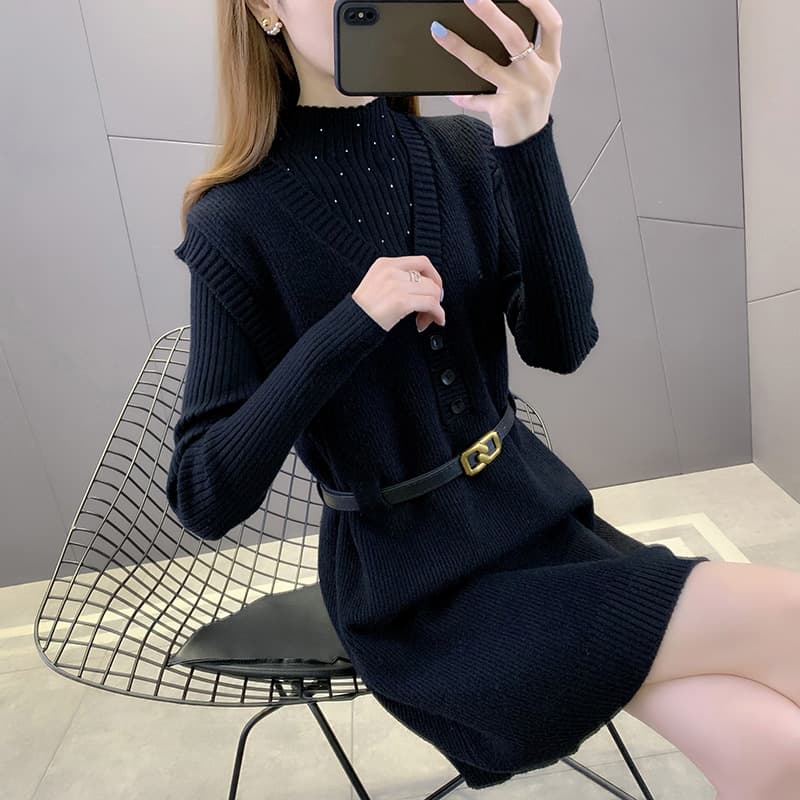 ロングワンピース ニット リブ編みハイネックニットワンピース