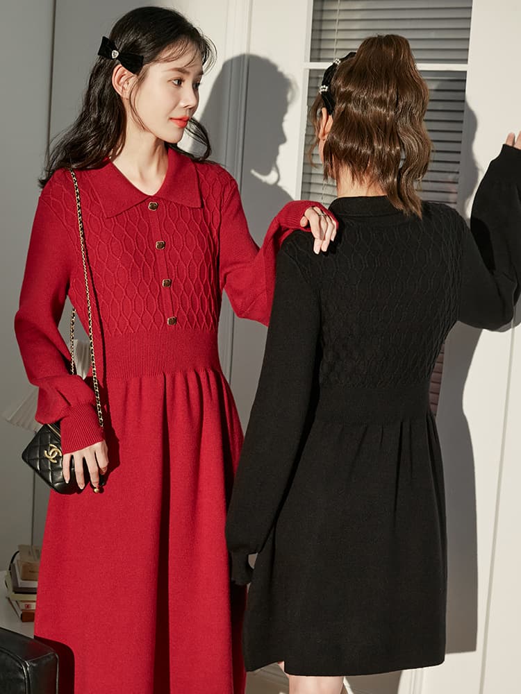 ロングワンピース ニット リブ編み襟付きフレアニットワンピース