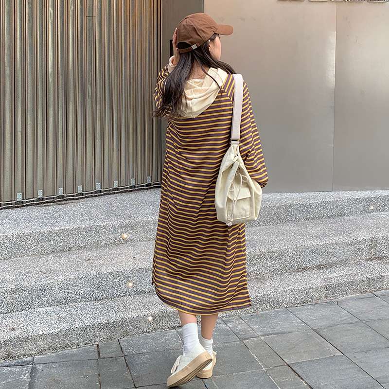 ロングワンピース ゆったりボーダーフードワンピース