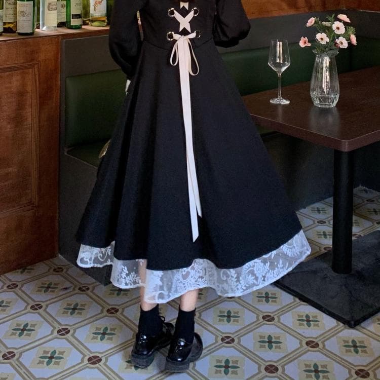 ロングワンピース 背中リボン レース切替 姫袖ワンピース