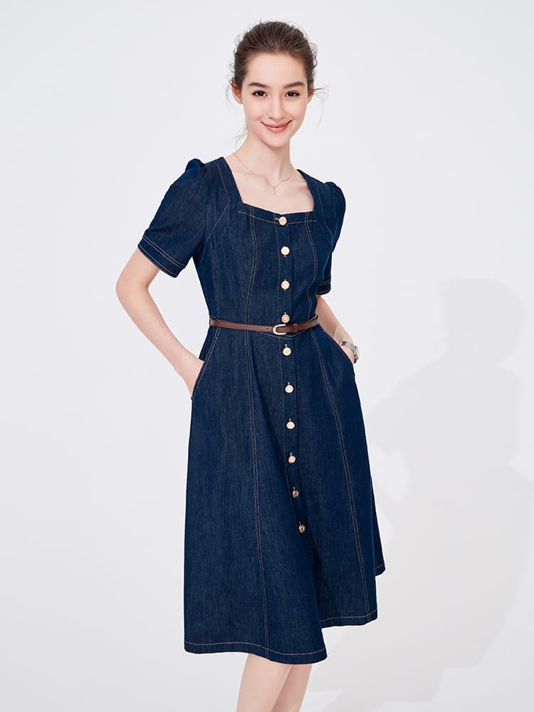 ワンピース デニム スクエアネック前開きデニムワンピース