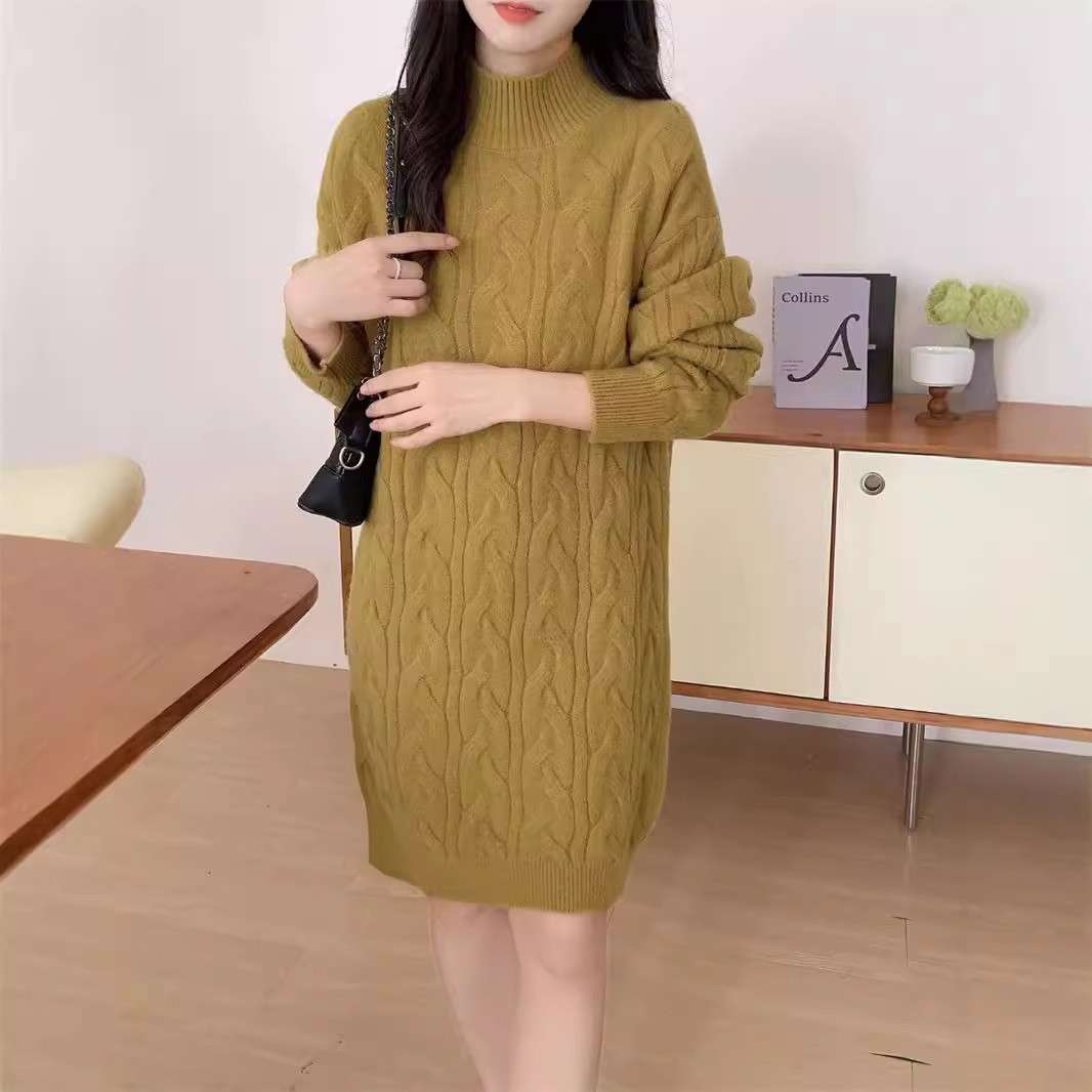 ロングワンピース もこもこケーブル編みロングニットワンピース